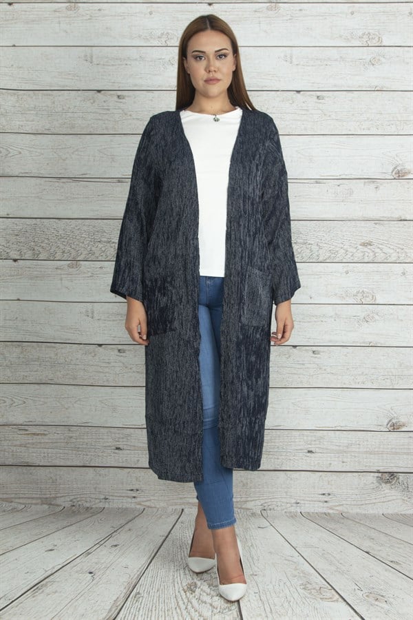 Women's Gray Stripe and Pocket Detailed Unlined Long Coat 65N19799