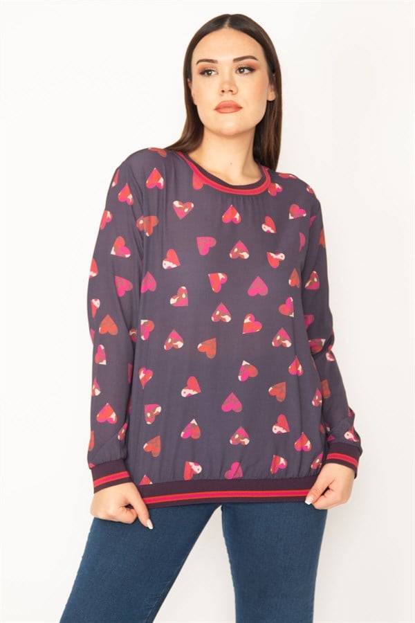 WOMEN'S COLORFUL HEART PATTERNED RIBBED BLOUSE