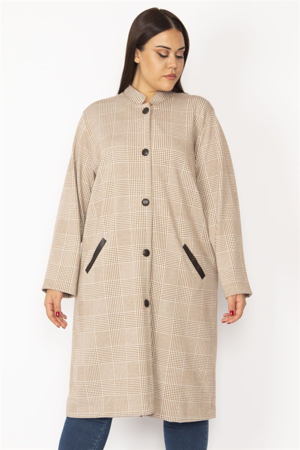 Grandad Collar Plaid Patterned Front Print Buttoned Pocket Faux Leather Garnished Unlined Long Coat