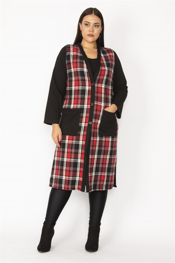 Women's Gray Plaid Patterned Front Button and Pocket Coat 65N28487
