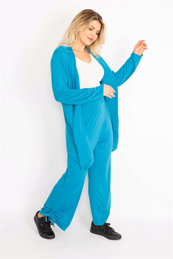 Women's Blue Side Lace Detailed Cardigan Trouser Set 65N34906