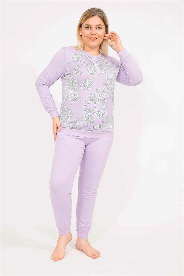 Kadın Lila Büyük Beden Pamuklu Kumaş Bluz Pantolon Pijama Takım 65N35795