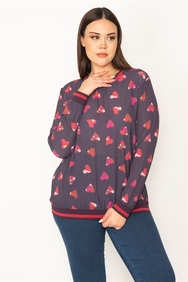 WOMEN'S COLORFUL HEART PATTERNED RIBBED BLOUSE