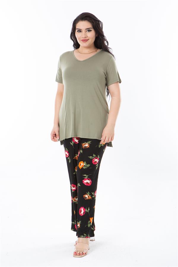 Women's Plus Size Khaki V-Neck Short Sleeve Blouse and Trousers Two-Piece Set 65N38219