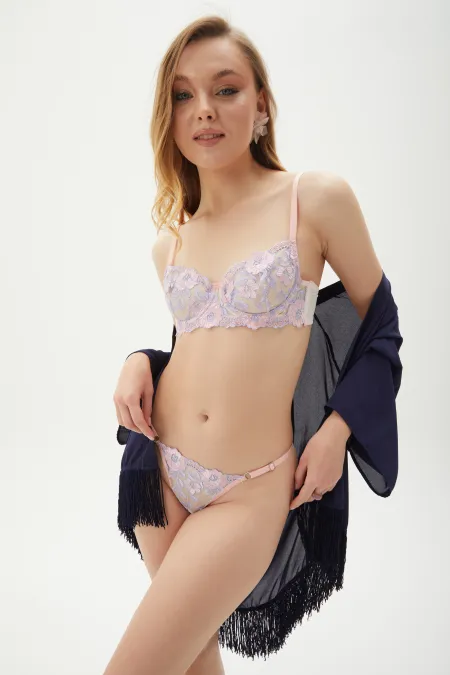 Lilac Salmon Ecru Floral Patterned Embroidered Single Color Underwire Uncovered Bra Thong Underwear Set