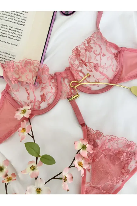 Coral Color Floral Patterned Embroidered Single Color Underwire Uncovered Bra Thong Underwear Set