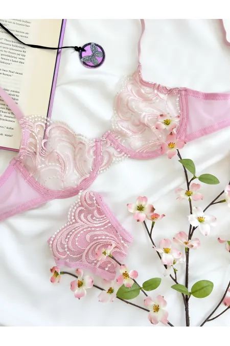Pudra Pembe Ekru Çiçek Desenli Brode İşlemeli Tek Renk Balenli Kapsız Sütyen Tanga İç Çamaşırı Takım