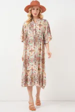 Kadın Desenli Kısa Kol Elbise 2562 - Kahverengi
