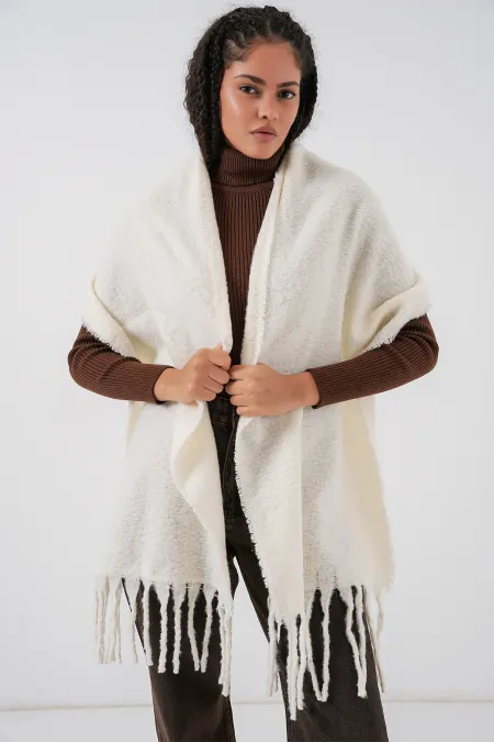 Kadın Yumuşak Dokulu Kalın Şal Atkı 15951 - Ekru