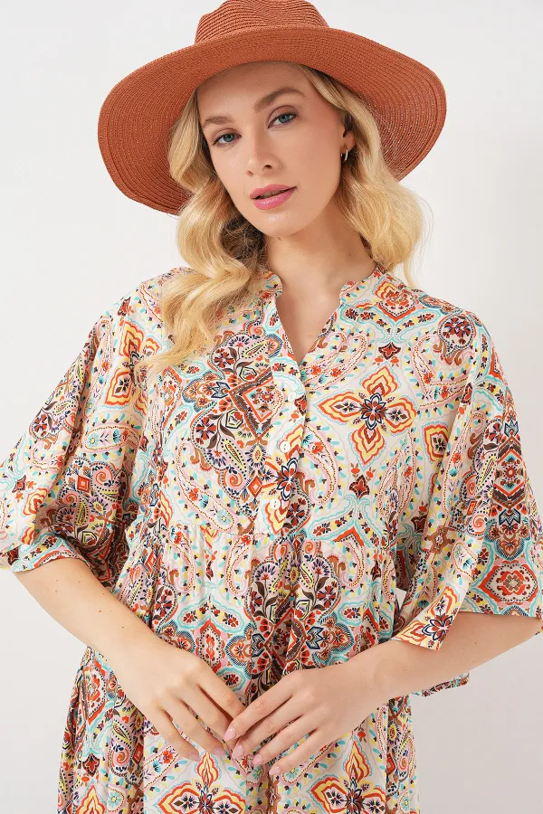 Kadın Desenli Kısa Kol Elbise 2562 - Kahverengi