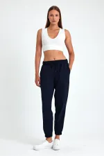 Women's Navy Blue Cotton Thick Elastic Leg High Waist Comfortable Jogger Sweatpants