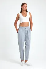 Women's Gray Cotton Thick Elastic Leg High Waist Comfortable Jogger Sweatpants