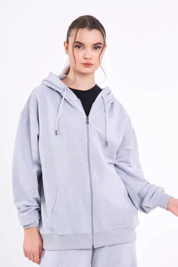 Kadın Gri Normal Kalıp Basic Beli Lastikli Kapüşonlu Oversize Mevsimlik Alt Üst Eşofman Takımı