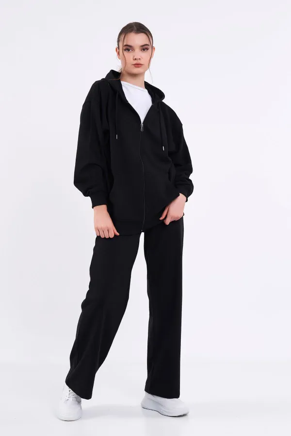 Kadın Siyah Normal Kalıp Basic Beli Lastikli Kapüşonlu Oversize Mevsimlik Alt Üst Eşofman Takımı MTLCB7367
