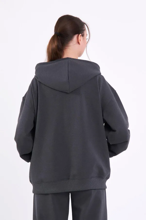 Antrasit Kanguru Cepli Kapüşonlu Fermuarlı Oversize Kadın Sweatshirt MTLCB73