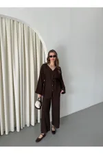 Kahverengi %100 Pamuk Kemerli Gömlek Pantolon Takım