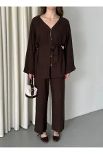 Kahverengi %100 Pamuk Kemerli Gömlek Pantolon Takım
