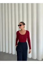Bordo Sedef Düğmeli Uzun Tshirt - 2634