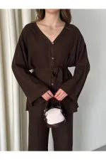 Kahverengi %100 Pamuk Kemerli Gömlek Pantolon Takım