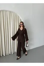 Kahverengi %100 Pamuk Kemerli Gömlek Pantolon Takım