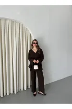 Kahverengi %100 Pamuk Kemerli Gömlek Pantolon Takım