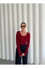 Bordo Sedef Düğmeli Uzun Tshirt - 2634