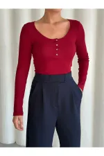 Bordo Sedef Düğmeli Uzun Tshirt - 2634