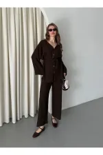 Kahverengi %100 Pamuk Kemerli Gömlek Pantolon Takım