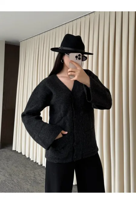 Antrasit Düğmeli Basic Hırka - 4622 Antrasit Düğmeli Basic Hırka - 4622