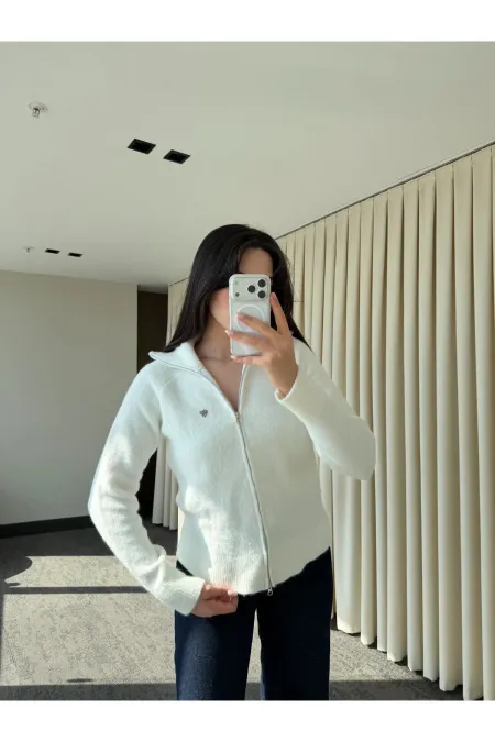 Ekru Balıkçı Yaka Çift Fermuarlı Hırka - 251108 Ekru Balıkçı Yaka Çift Fermuarlı Hırka - 251108