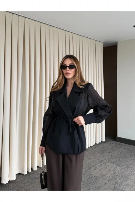 Siyah Vatkalı Transparan Gömlek - 5029