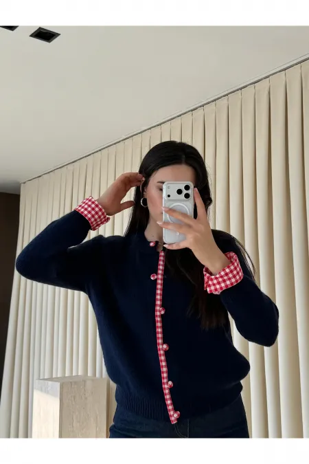 Lacivert Pötikare Detaylı Triko Hırka - 251082 Lacivert Pötikare Detaylı Triko Hırka - 251082