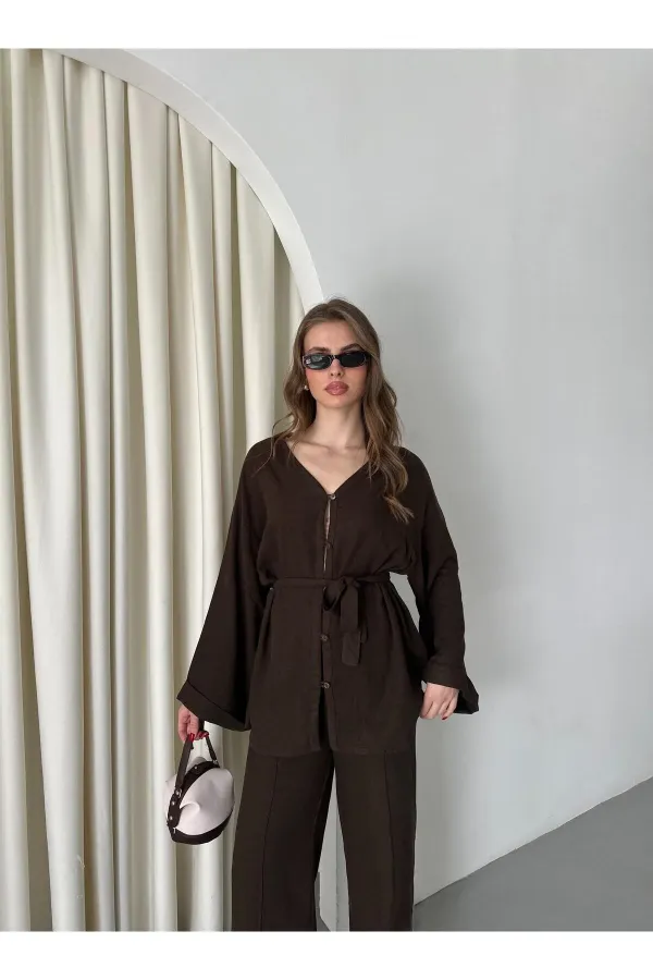 Kahverengi %100 Pamuk Kemerli Gömlek Pantolon Takım