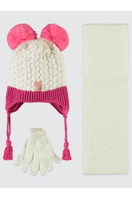Girl Scarf, Beanie, Glove Sets for 6-9 Years Old Ecru-Pink - Package Girl Scarf, Beanie, Glove Sets for 6-9 Years Old Ecru-Pink - Package