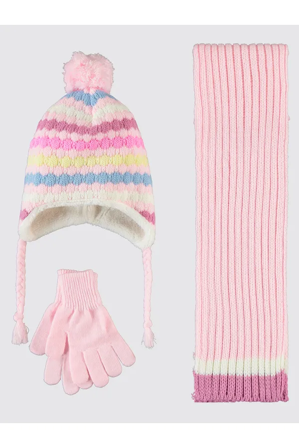 Ensemble écharpe, bonnet et gants pour fille de 2 à 5 ans, rose - Paquet