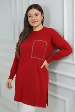 Kadın Önü Tek Cepli Taş Baskı Detaylı Büyük Beden TrikoTunik Bluz