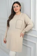 Kadın Önü Tek Cepli Taş Baskı Detaylı Büyük Beden TrikoTunik Bluz