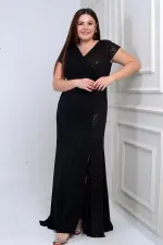 Kadın Kruvaze Yaka Astarlı Yanı Boncuk Garnili Büyük Beden Uzun Şifon Elbise