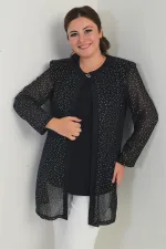 Kadın Uzun Kollu Likralı Bluz Yaldızlı Benek Baskılı Şifon Ceket Büyük Beden 2'li Takım