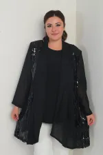 Kadın Yuvarlak Yaka Likralı Bluz Pulpayet Şifon Ceket Büyük Beden 2'li Takım Kadın Yuvarlak Yaka Likralı Bluz Pulpayet Şifon Ceket Büyük Beden 2'li Takım