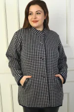 Kadın Önü Çıtçıtlı Cepleri Deri Detaylı Kazayağı Büyük Beden Akrilik Hırka