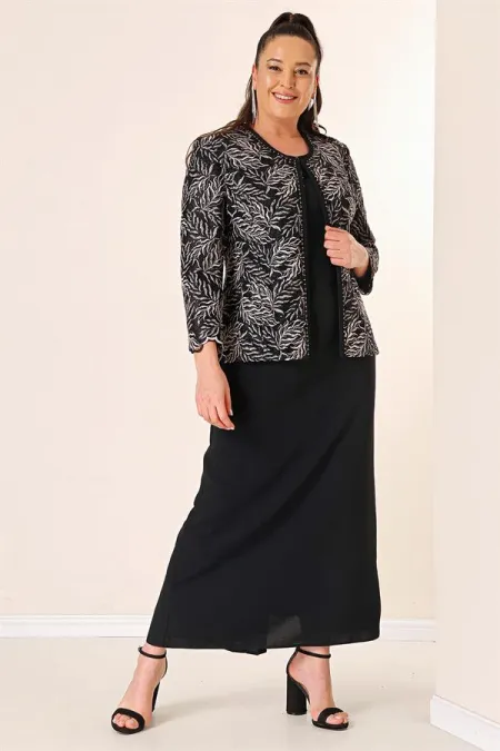 Yakası Boncuk Nakışlı Uzun Elbise Boncuk Pul Nakışlı Ceket Astarlı Büyük Beden 2'li Takım