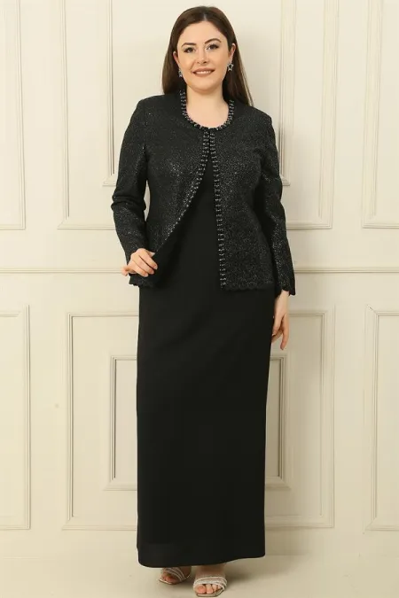 Yaka Taşlı Astarlı Uzun Krep Elbise Pullu Ceket Büyük Beden 2'li Takım