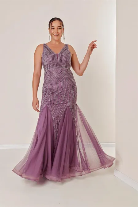 Ön Arka V Yaka Taş İşlemeli Astarlı Büyük Beden Uzun Tül Elbise