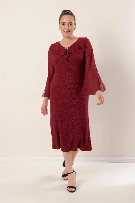 Yaka Ve Kollar Şifon Astarlı Likralı Simli Büyük Beden Elbise