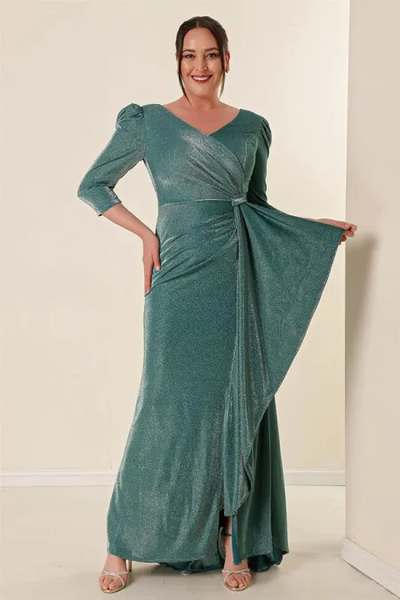 Önü Volanllı Astarlı Simli Büyük Beden Elbise