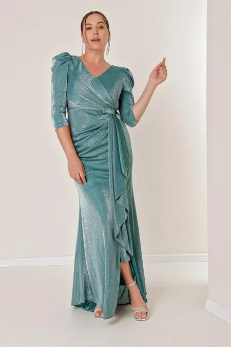 Truvakar Kol Önü Volanlı Astarlı Simli Büyük Beden Uzun Elbise