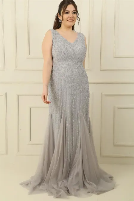 Ön Arka V Yaka Taş İşlemeli Sırt Bağlamalı Astarlı Büyük Beden Uzun Elbise