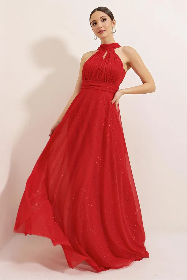 Halter Neck Lined Glittery Long Dress