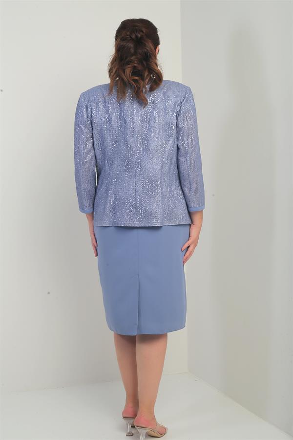 Kadın Kolsuz Astarlı Elbise Pul İşlemeli Ceket Taş Detaylı Büyük Beden 2'li Takım